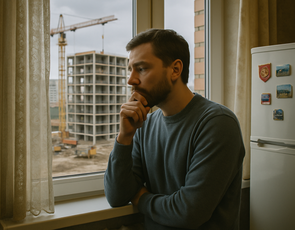 мужчина смотрит на стройку из окна как символ спорной собственности