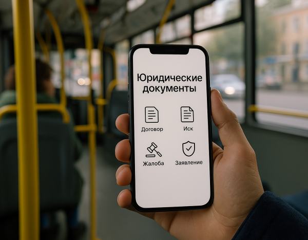 Смартфон с открытым приложением с юридическими документами в руках пассажира в российском автобусе