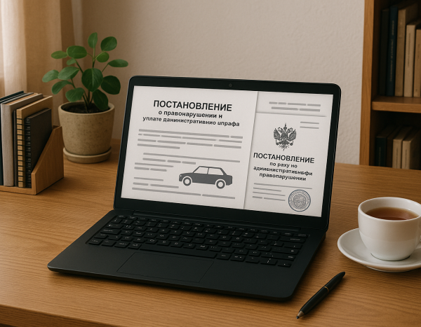 Домашний офис в России с документами о штрафах на экране ноутбука