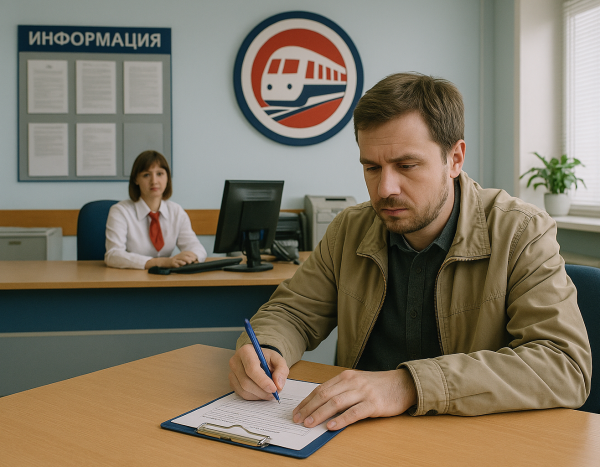 Пассажир заполняет жалобу в офисе транспортной компании в России
