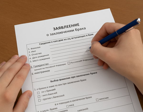 Человек заполняет заявление на регистрацию брака
