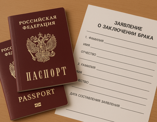 Паспорт РФ и загранпаспорт на столе рядом с формой регистрации брака