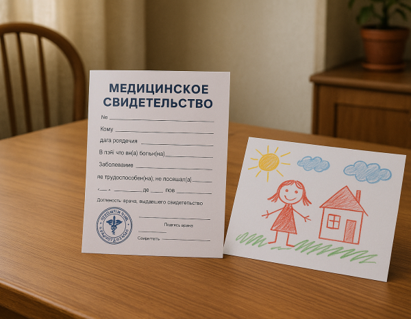 Медицинская справка на столе с детским рисунком рядом