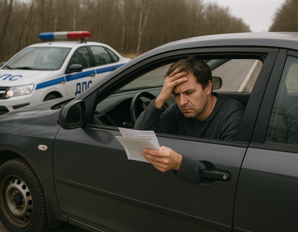 Водитель сидит в машине и проверяет документы на обочине
