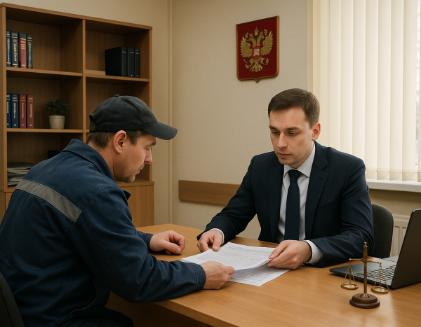 Водитель консультируется с юристом в офисе