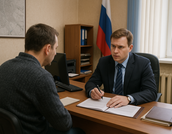 Юрист консультирует клиента о правонарушениях в офисе