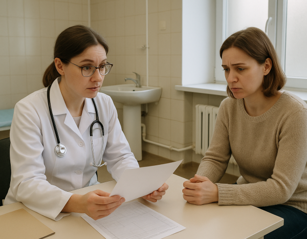 Врач обсуждает результаты анализов с пациентом в клинике