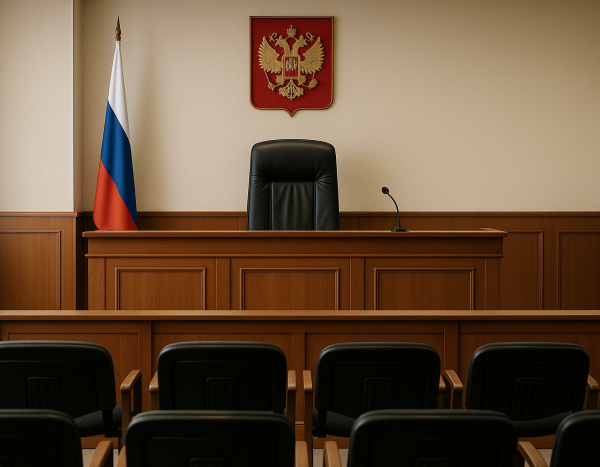 Зал суда в России с местом для судьи и пустыми местами перед началом судебного заседания