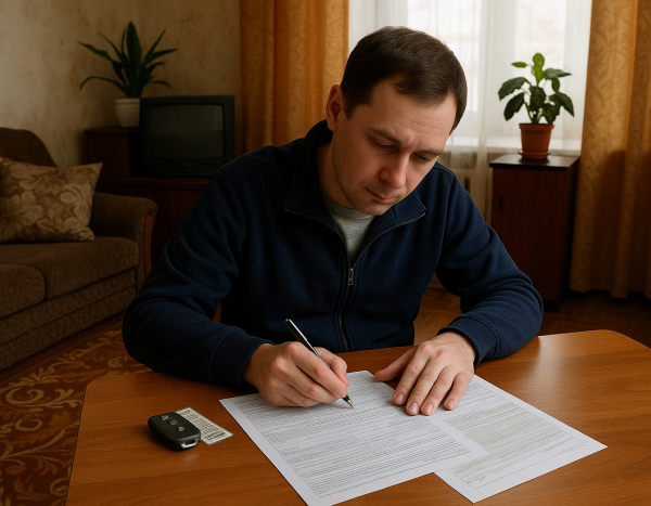 Человек заполняет автомобильные документы в гостиной