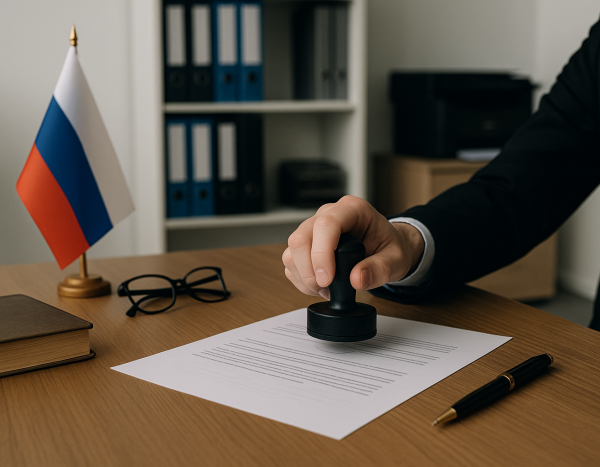 Нотариус ставит печать на документ в офисе