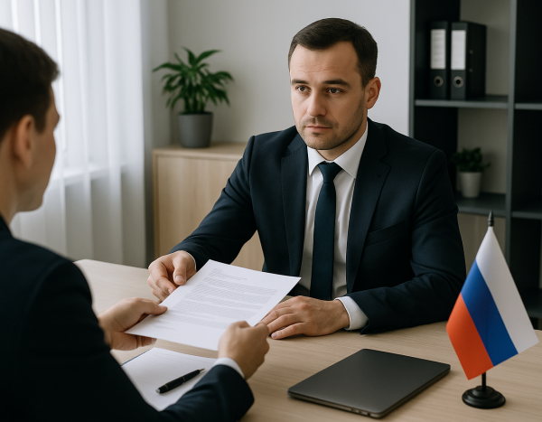 Офисная сцена, клиент показывает документ специалисту через стол