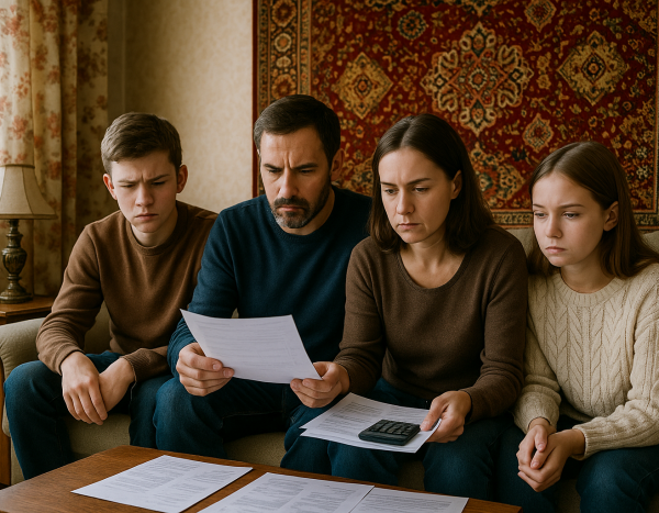 Семья на диване в гостиной, проверяет финансовые документы