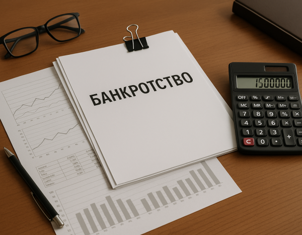 Документы и калькулятор на столе в офисе в процессе банкротства