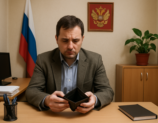 Человек в офисе смотрит на пустой кошелек
