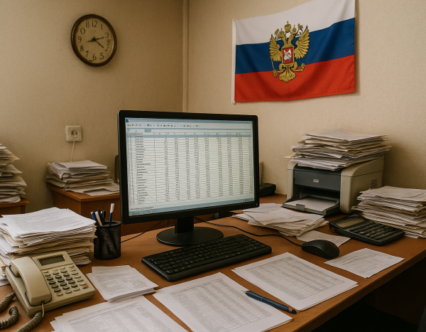 Маленький офис с документами и компьютером