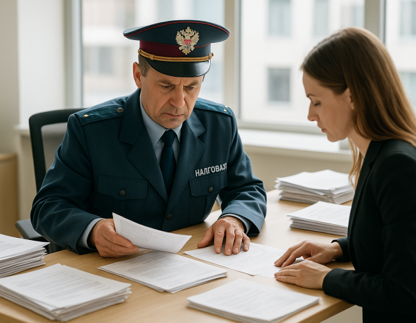 Налоговый инспектор проверяет документы в офисе компании