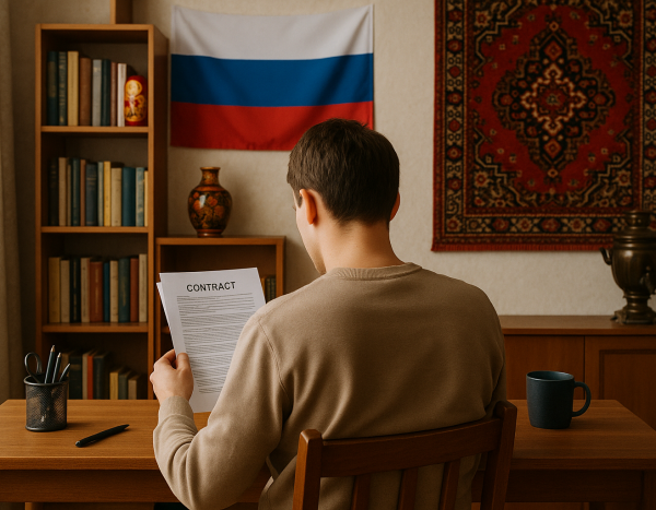 человек изучает договор в российской квартире