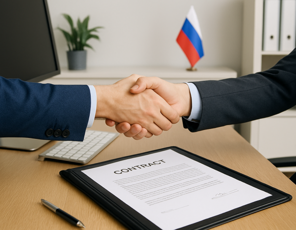 рукопожатие после подписания договора в российском офисе