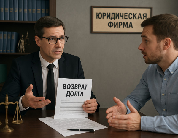 Адвокат и клиент обсуждают документы по взысканию задолженности