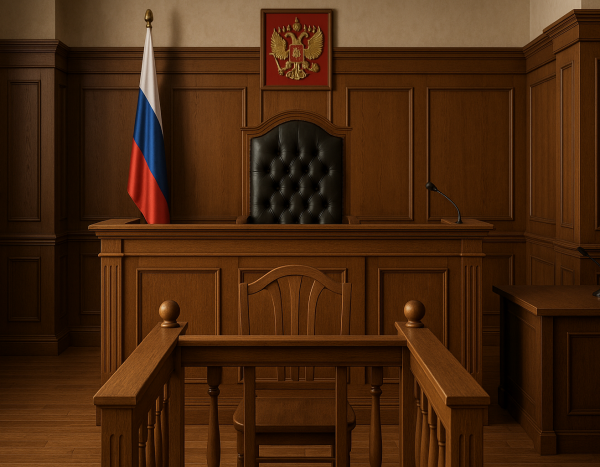 Пустое свидетельское место и стол судьи в российском суде