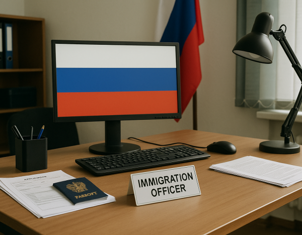 стол сотрудника миграционной службы с компьютером и бумагами