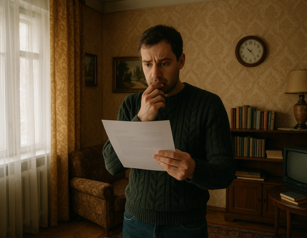 Человек с беспокойством смотрит на официальное письмо у окна в гостиной