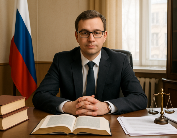 Юрист сидит за столом с книгами и документами, готовый дать совет