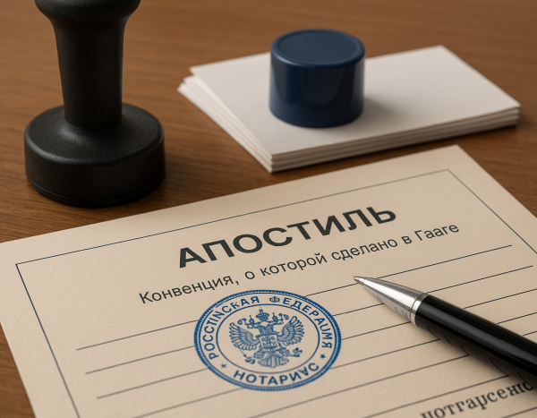 Стол нотариуса с печатями, бумагами и ручкой для апостиля