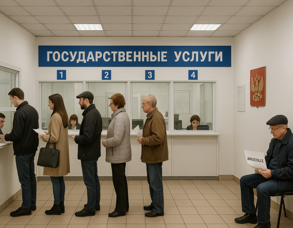 Государственное учреждение с посетителями, ожидающими в очереди для подачи документов