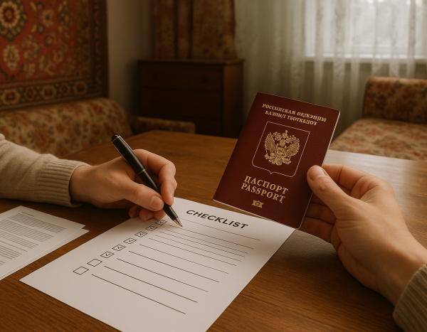 Член семьи проверяет паспорт и список на столе в российской квартире