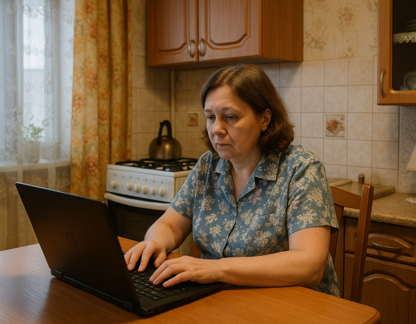 Женщина проверяет базу данных товарных знаков на кухне
