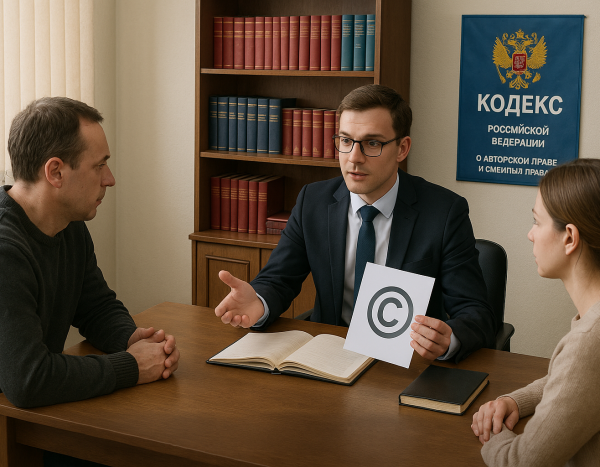 Два человека консультируются с юристом в российском офисе по поводу нарушения авторских прав