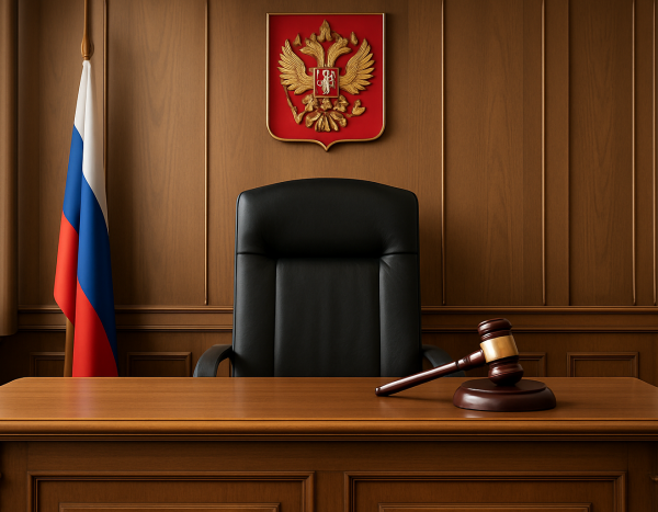 Зал суда, вид на трибуну судьи и молоток