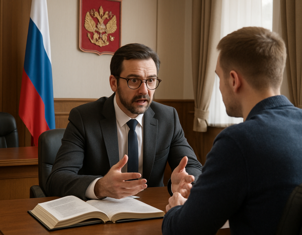 Юрист и клиент обсуждают кейс в конференц-зале