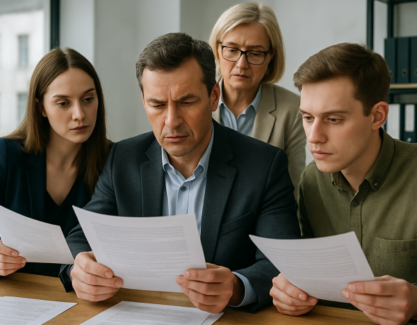 Группа людей смотрит распечатанные документы в офисе
