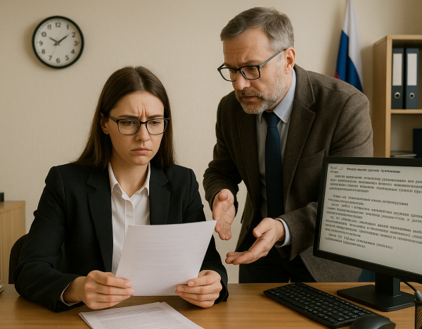 Двое коллег обговаривают юридический документ в офисе