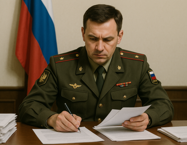 Военнослужащий готовит документы на столе