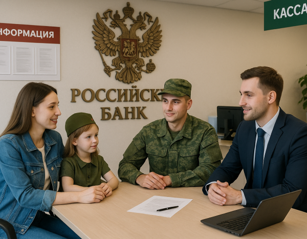 Военная семья общается с консультантом в банке