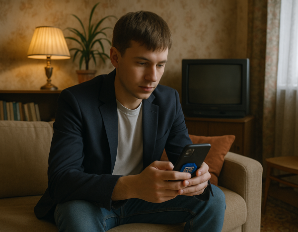 Молодой россиянин продает NFT через смартфон дома.