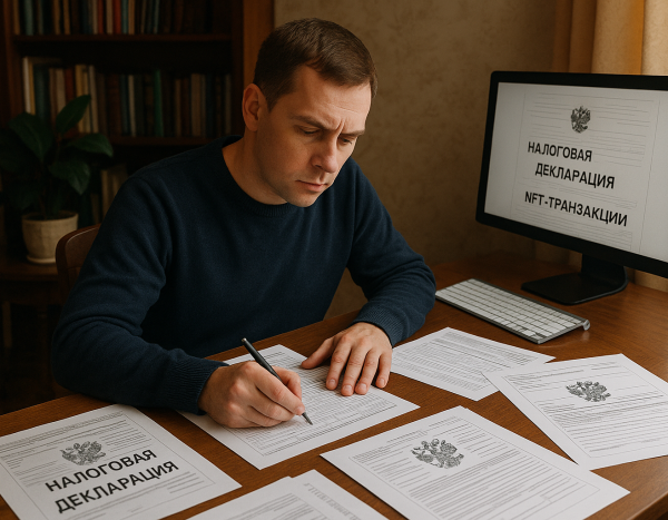 Человек заполняет налоговые документы по NFT в домашнем офисе в России.