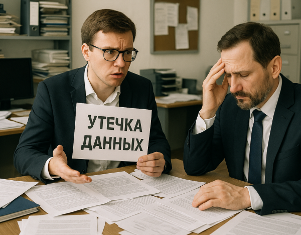 Сотрудники обсуждают последствия утечки данных в офисе с документами