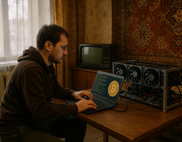 Человек в российской квартире использует ноутбук для майнинга криптовалюты