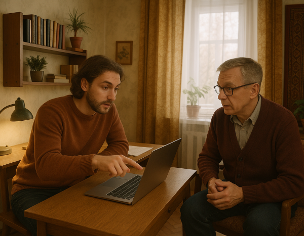 Два человека в домашнем офисе обсуждают информацию на экране ноутбука