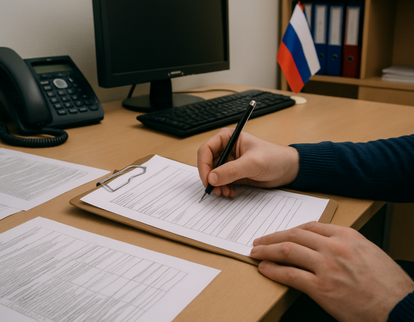 Человек в офисе заполняет документы на удаление информации