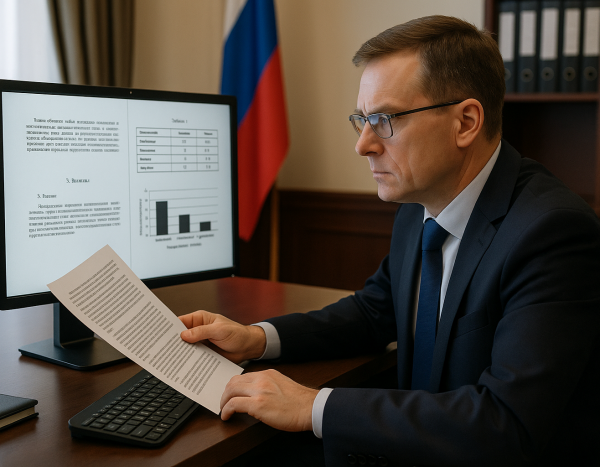 Эксперт анализирует документы на экране компьютера в российском офисе