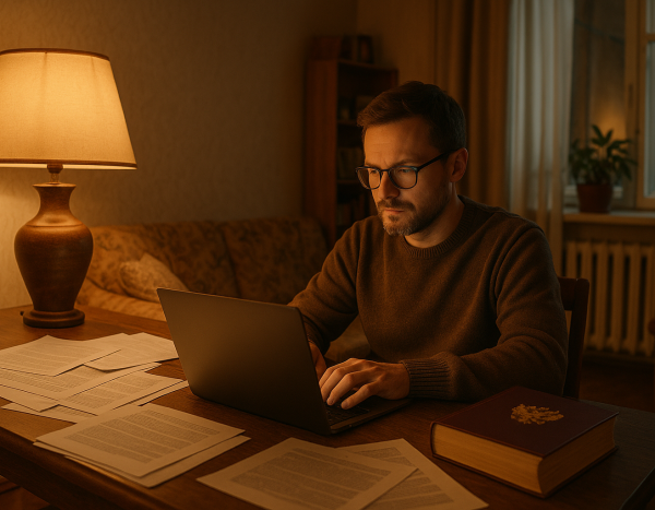 Человек работает на ноутбуке, вокруг бумаги и юридическая книга, интерьер российской квартиры