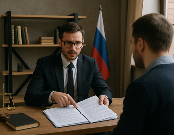 Юрист проверяет лицензионные соглашения Open Source с клиентом в офисе