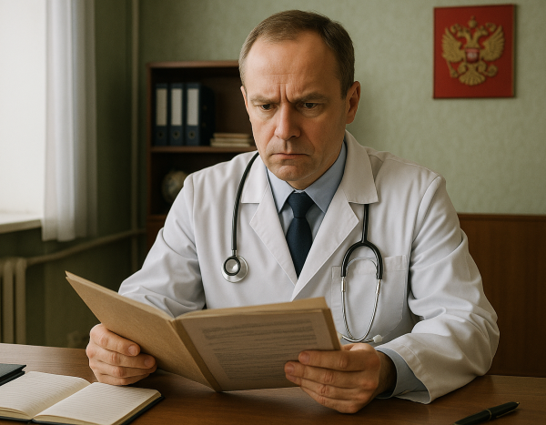 Медицинский эксперт рассматривает дело пациента в офисе