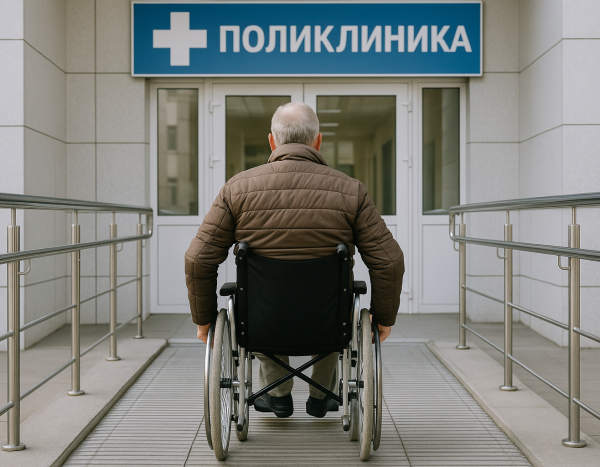 Пациент на инвалидной коляске въезжает в медучреждение по пандусу