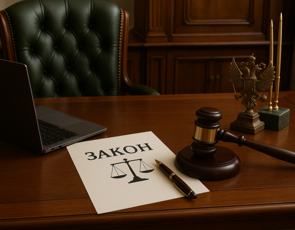 Стол в российском юридическом офисе с документами и ноутбуком